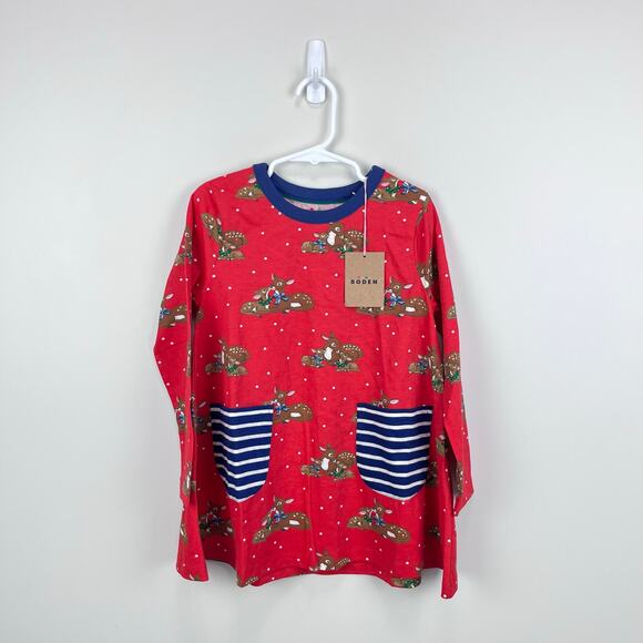 Mini Boden Printed Tunic Rockabilly Red Festive Deer 5-6 NWT - Picture 1 of 6